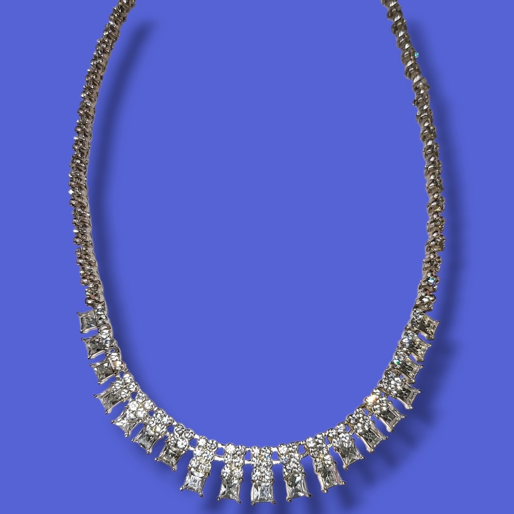 Vintage Silver Tone Rhinestone Collar Necklace 16"